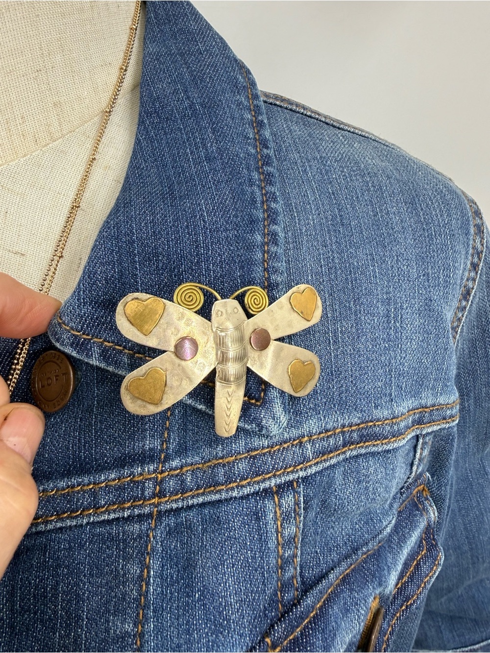 Handcrafted vintage dragonfly shaped brooch pin Brass & Silver Tone